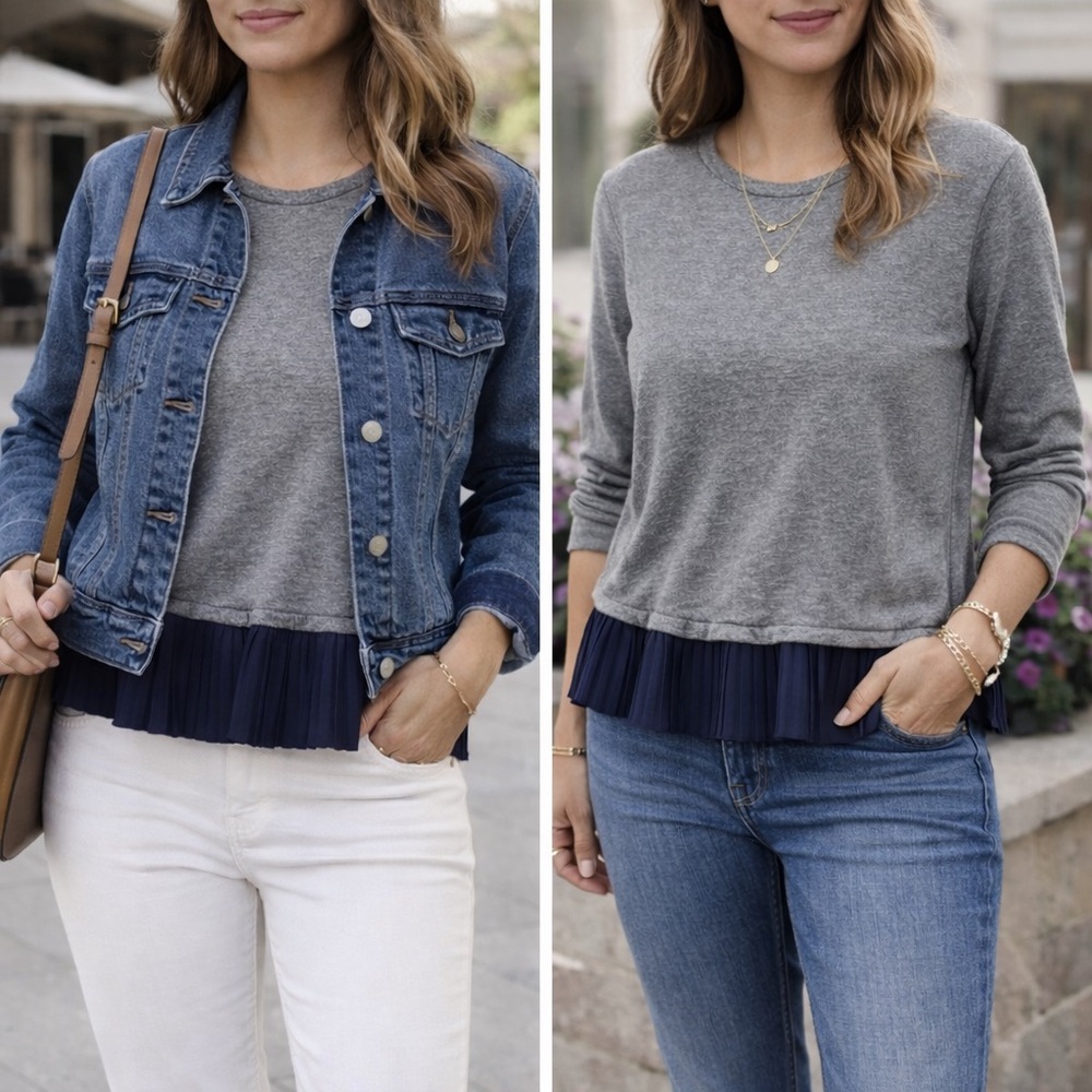 J. Crew Gray Top with Navy Ruffle Pleated Hem